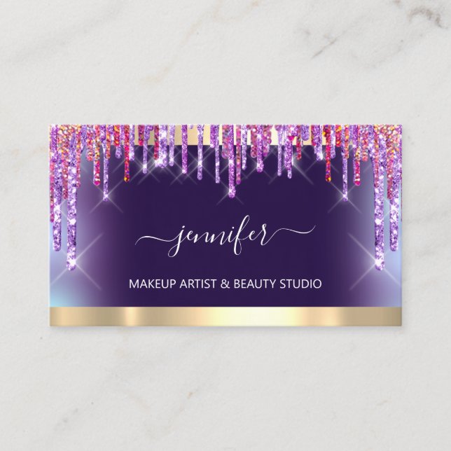 Beruflich Makeup Artist. Ombré Gold Lila Tropfen Visitenkarte (Vorderseite)