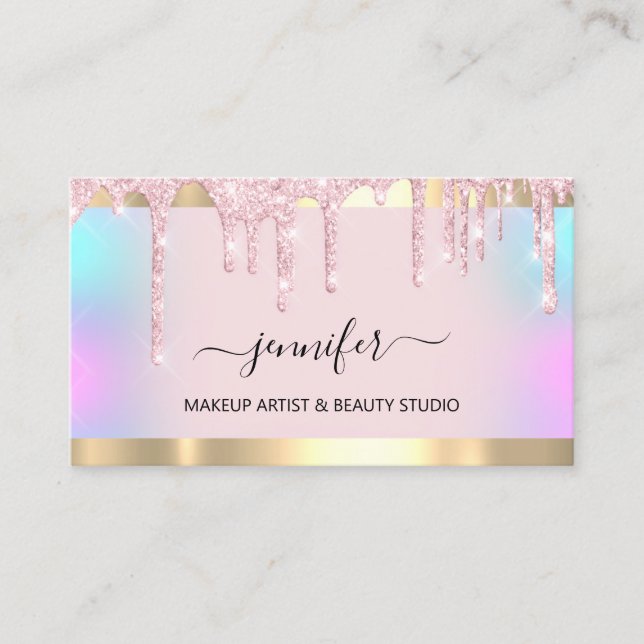 Beruflich Makeup Artist Pink Holograph Tropfen Lux Visitenkarte (Vorderseite)