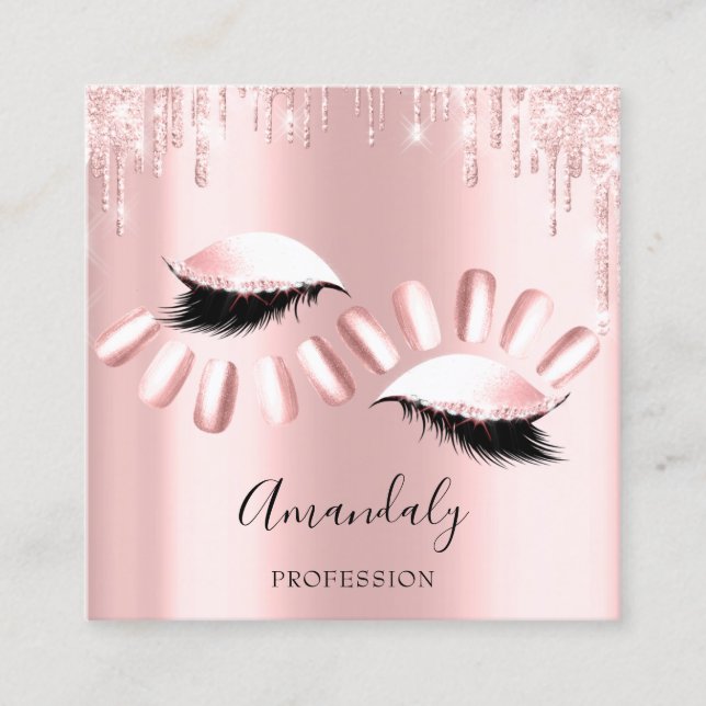 Beruflich Makeup Nagelmanicure Pink Tropfen Lashes Quadratische Visitenkarte (Vorderseite)