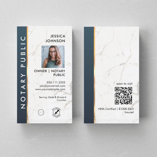 Beruflich Marble Blue & Gold Notary Foto QR Visitenkarte (Von Creator hochgeladen)