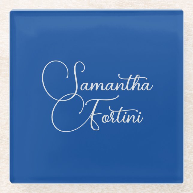 Beruflich minimalistischer Handschriftname blau Glasuntersetzer (Vorderseite)