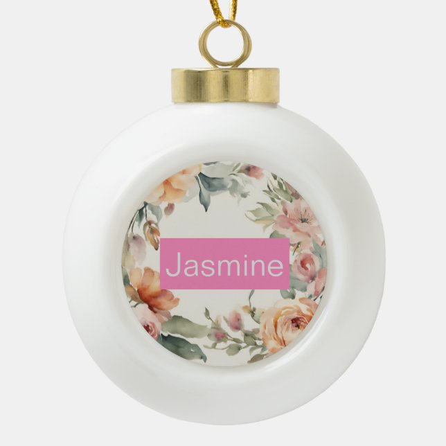 Beruflich Moderne Minimalistische Rose Blumenname Keramik Kugel-Ornament (Vorderseite)