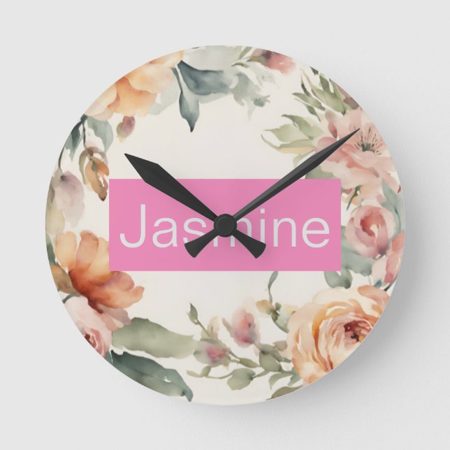 Beruflich Moderne Minimalistische Rose Blumenname Runde Wanduhr (Vorderseite)