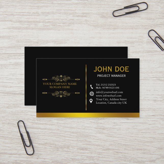 Beruflich Moderner, eleganter Black Gold Designer Visitenkarte (Vorderseite/Rückseite Beispiel)