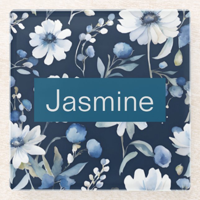 Beruflich Moderner Minimalistischer Blauer Blumenn Glasuntersetzer (Vorderseite)
