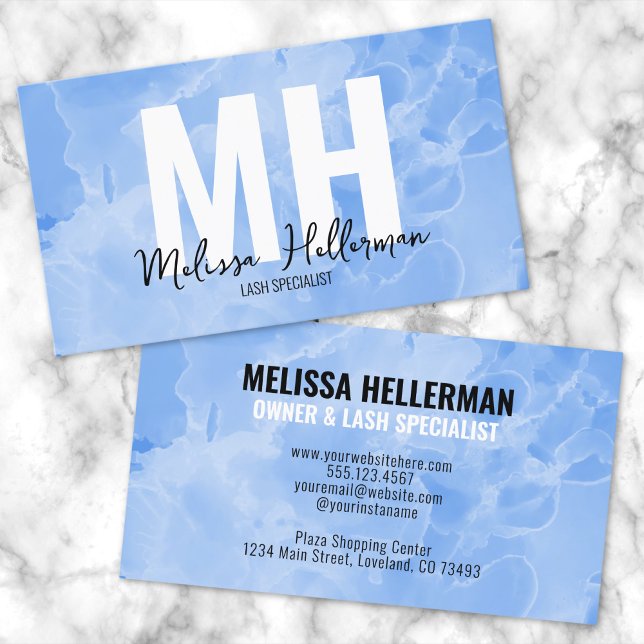 Beruflich Modernes Minimalistisches Blaues Monogra Visitenkarte (Chic Modern Minimal Blue Watercolor Monogram Business Card)