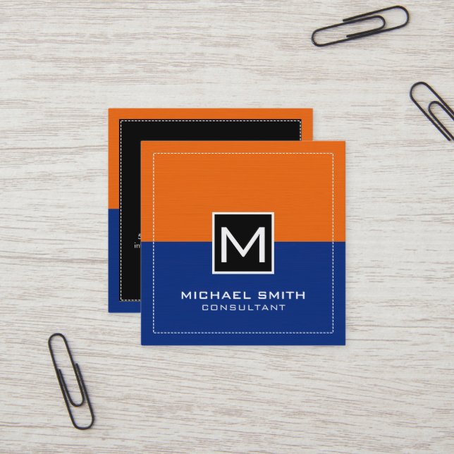 Beruflich Monogram Modern Dark Blue Orange Quadratische Visitenkarte (Vorderseite/Rückseite Beispiel)