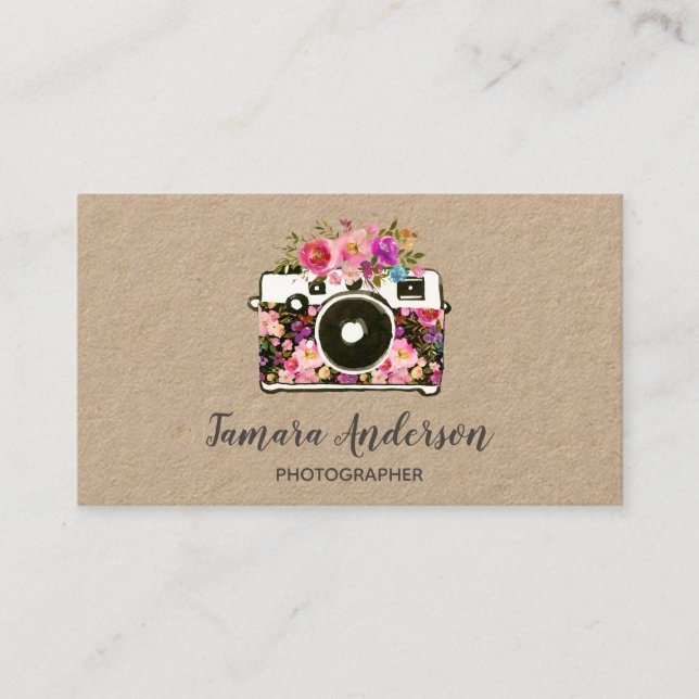 Beruflich Pink Floral Kamera Fotograf Kraft Visitenkarte (Vorderseite)