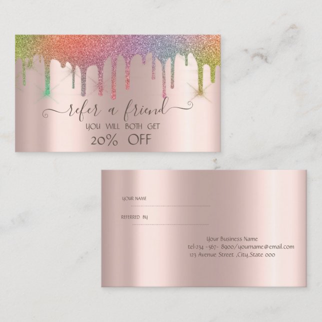 Beruflich Rainbow Glitzer Tropfen Rose Gold Empfehlungskarte (Vorne/Hinten)