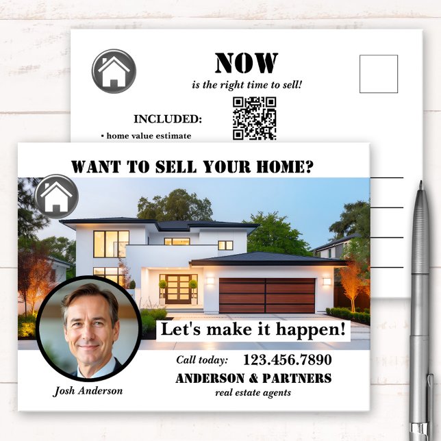 Beruflich Real Anwesen Verkaufen Sie eine Zuhause Postkarte (Marketing postcard for real estate agents featuring a house  photo with logo and QR code templates)