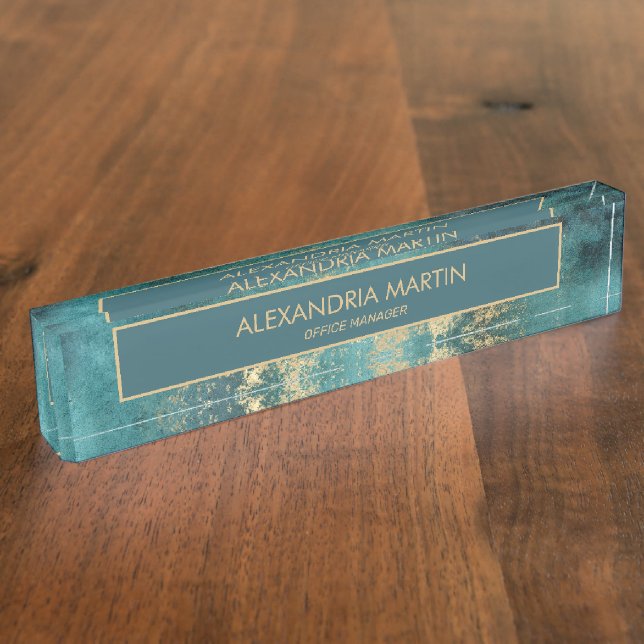 Berufliche Aquamarine Goldgrunge Abstrakt Namensplakette (Seite)