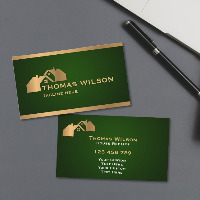 Berufliche Bauweise Handyman Carpenter Roof Visitenkarte (modern carpenter handyman business cards with emerald green background and gold rooftops)