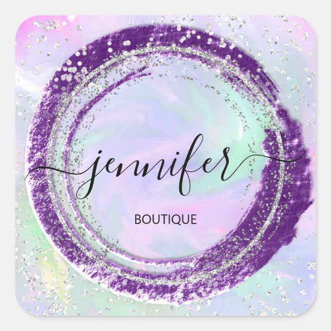 Berufliche Boutique Shop Glitzer Lila Silber Quadratischer Aufkleber (Vorderseite)