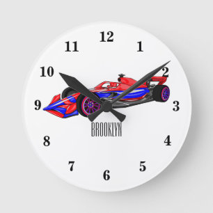 Berufliche Darstellung des Cartoon von Rennfahrzeu Runde Wanduhr