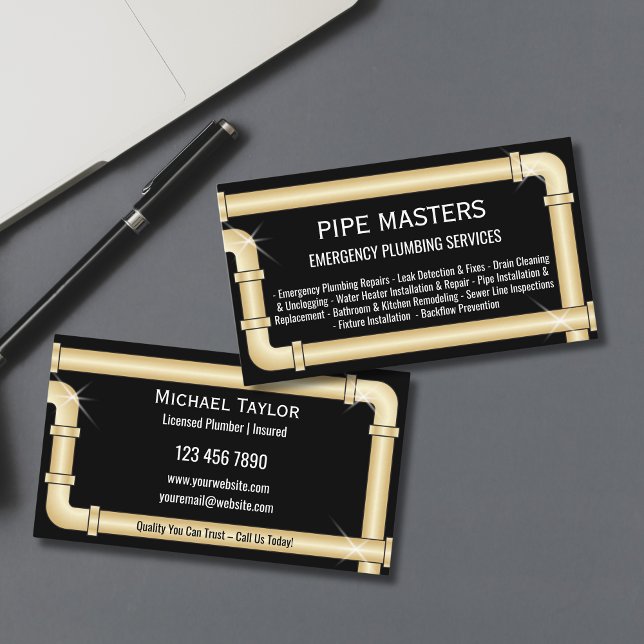 Berufliche Handyman Klempnerrohre Visitenkarte (plumbing pipes in gold color on the black background business cards)