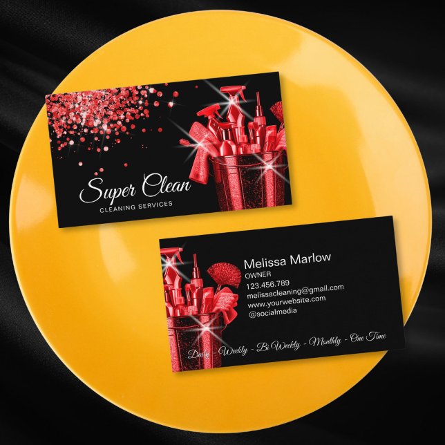 Berufliche Hausreinigung Visitenkarte (red glitter and shiny cleaning tools in a bucket)
