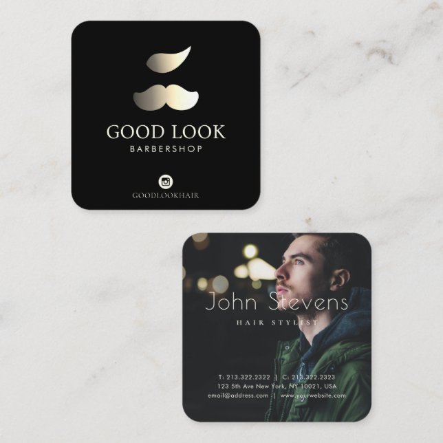 Berufliche Imitate Gold Mustache Haar Barber Foto Quadratische Visitenkarte (Vorne/Hinten)