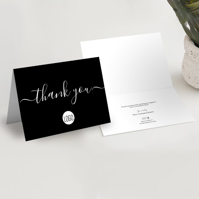 Berufliche Kundenempfehlung für Black Custom Dankeskarte (Black White, simple, custom logo, business thank you folded card.)