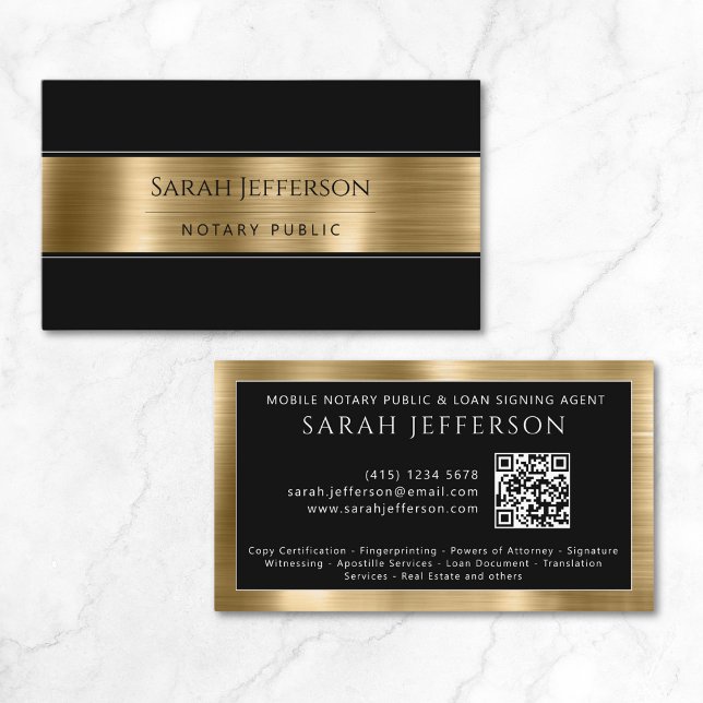 Berufliche Metallic Gold Black QR Notar Visitenkarte (Professional Metallic Gold Black QR Notary Public Business Card)