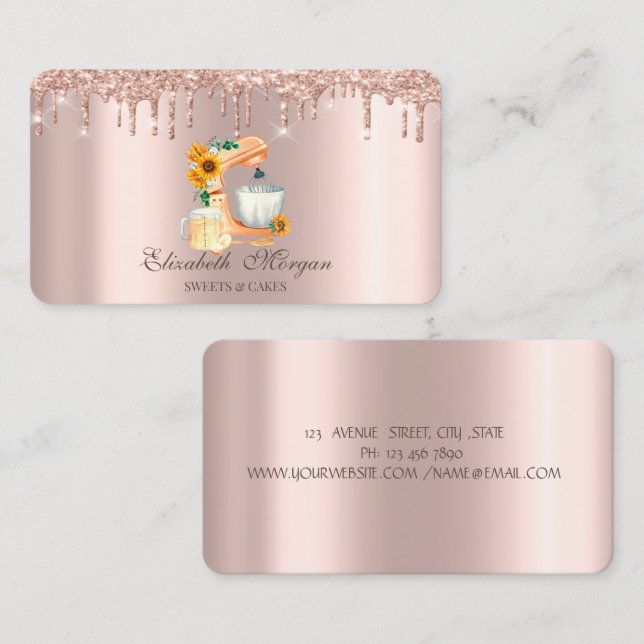 Berufliche Rose Gold Glitzer Tropfen Blume Mixer Visitenkarte (Vorne/Hinten)