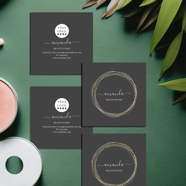 Berufliche Schönheit Makeup Logo Golden Frame Grau Quadratische Visitenkarte (Professional Beauty Makeup Logo Golden Frame Gray Square Business Card)