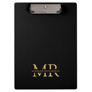 Berufliche Schwarz-Gold-Monogramm-Namenseingaben Klemmbrett