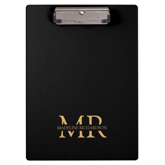 Berufliche Schwarz-Gold-Monogramm-Namenseingaben Klemmbrett (Vorderseite)