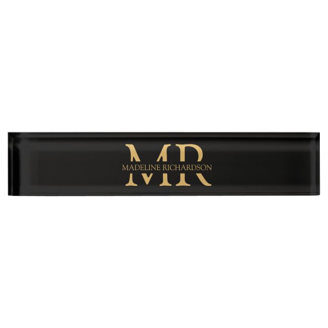 Berufliche Schwarz-Gold-Monogramm-Namenseingaben Namensplakette (Vorderseite)