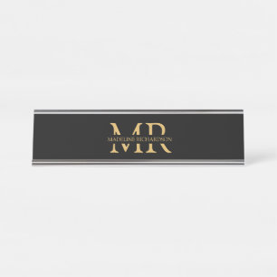 Berufliche Schwarz-Gold-Monogramm-Namenseingaben Schreibtischnamensplakette
