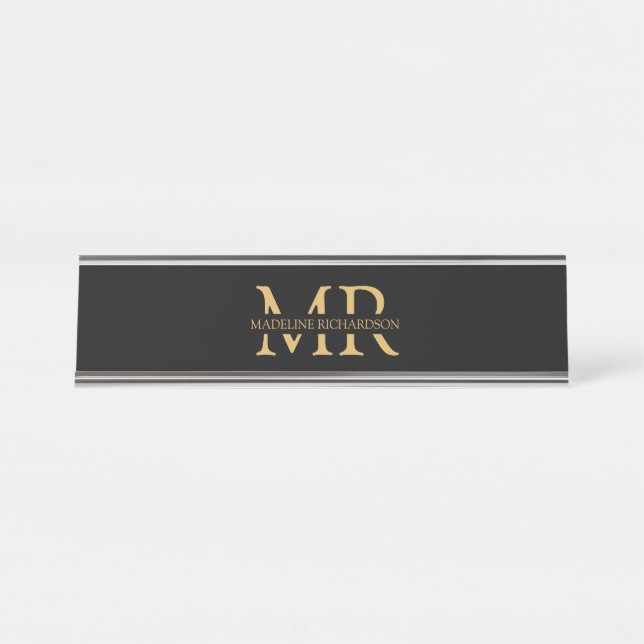Berufliche Schwarz-Gold-Monogramm-Namenseingaben Schreibtischnamensplakette (Vorderseite )