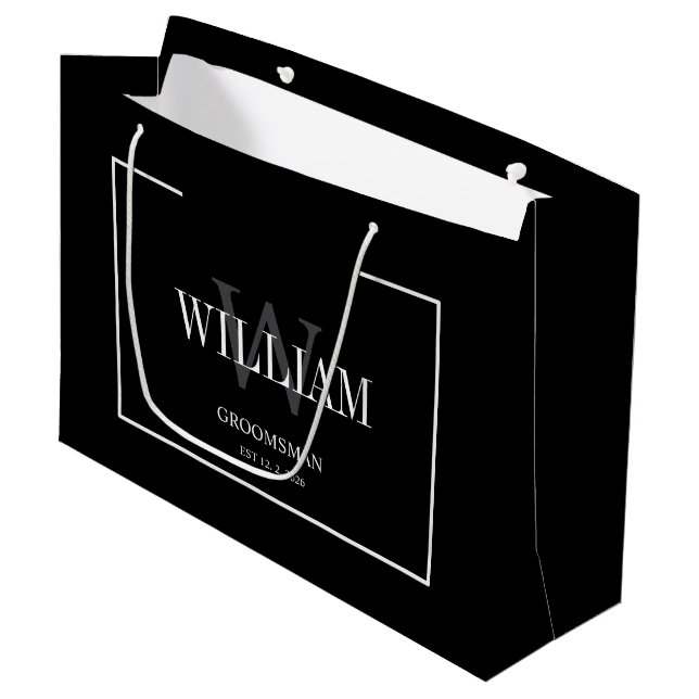 Berufliche Schwarz/Weiß-Trauzeugen Minimalistisch Große Geschenktüte (Vorderseite Schrägansicht)