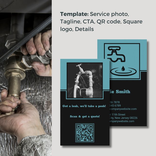 Berufliche Slogan Blue Plumber Business Card Treuekarte (Professional Slogan Blue Plumber Business Card, Photo, Logo, QR code, CTA, Tagline)