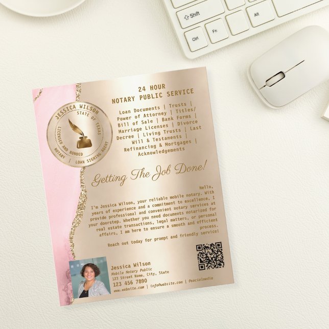 Beruflicher Agent für Notare und Darlehensuntersch Flyer (mobile notary flyer, gold and blush pink)