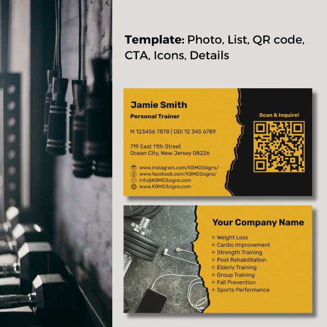 Beruflicher Golden Yellow Personal Trainer Visitenkarte (Professional Golden Yellow Personal Trainer Business Card, QR code, Service List, Icons)