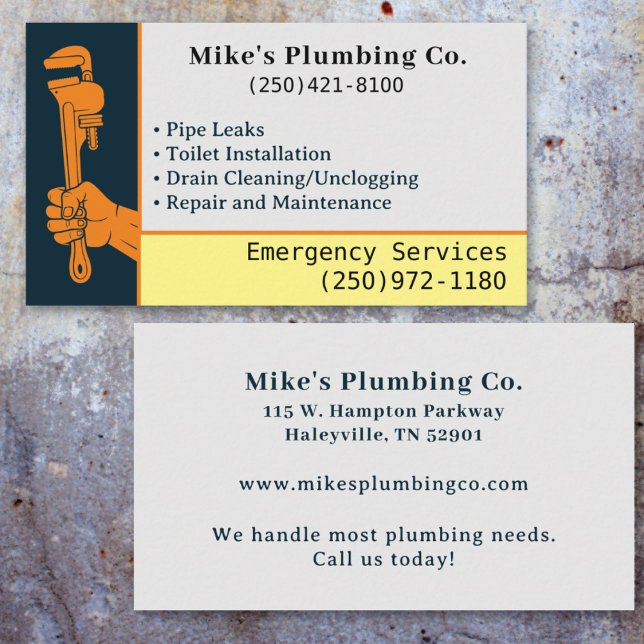 Beruflicher Klempnerservice Visitenkarte (Plumbing Orange and Blue Pipe Wrench Plumber Business Card)