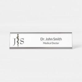Beruflicher leichter Asclepius Schwarz-weiß Schreibtischnamensplakette
