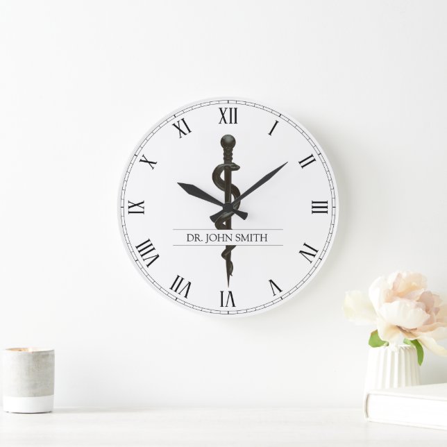 Beruflicher medizinischer Asclepius Schwarz-weiß e Große Wanduhr (Zuhause)