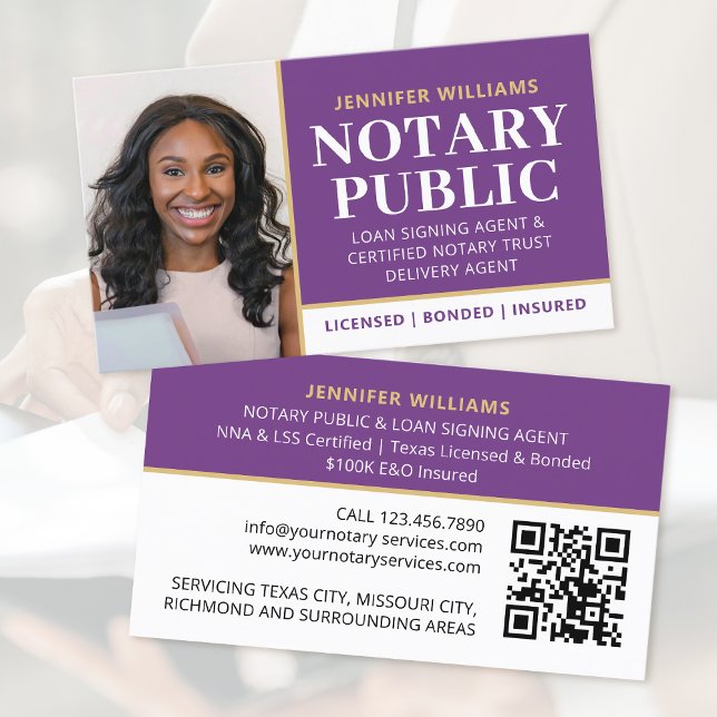 Beruflicher Notar Public Foto QR Code Lila Visitenkarte (Von Creator hochgeladen)