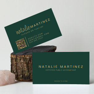 Beruflicher QR-Code Emerald Green Gold Script Visitenkarte
