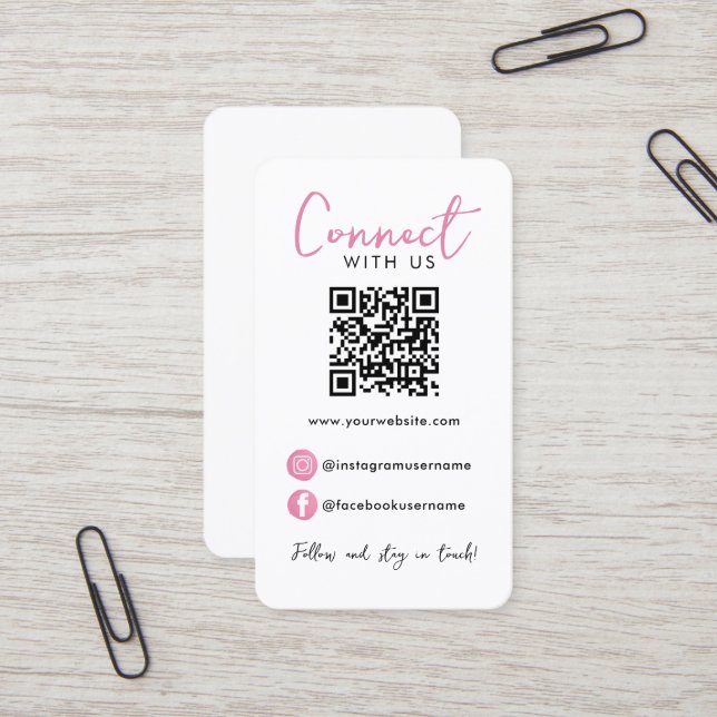 Beruflicher QR-Code in weißrosa Verbindung mit uns Visitenkarte (Vorderseite/Rückseite Beispiel)