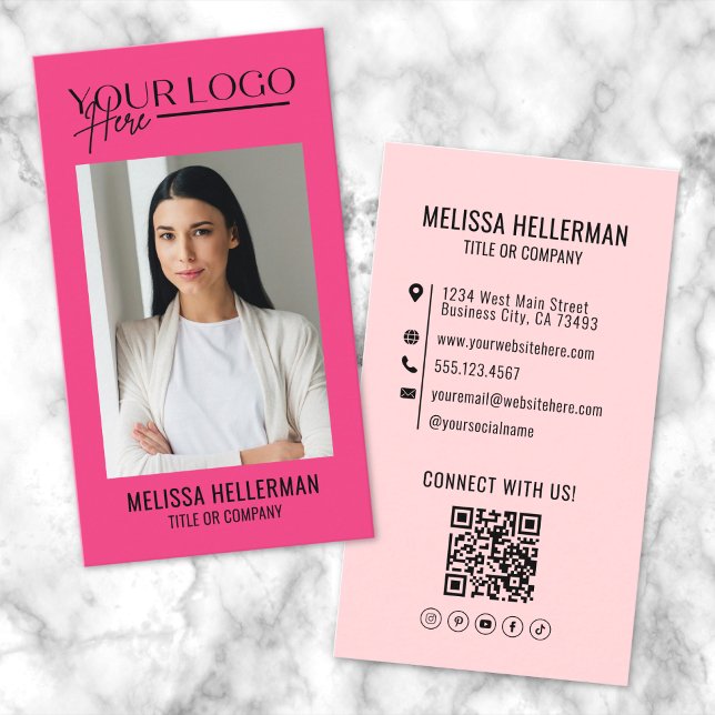 Beruflicher QR-Code Rosa Foto-Logo Vertikal Visitenkarte (Professional QR Code Pink Photo Logo Vertical Business Card)