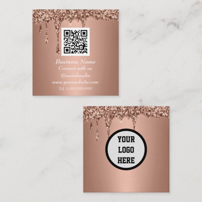 Beruflicher QR-Code Rosa Rose Gold Glitzer Quadratische Visitenkarte (Vorne/Hinten)