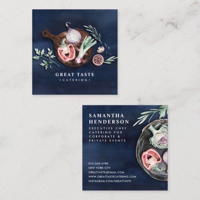 Beruflicher, stylischer Blue Watercolor Catering Quadratische Visitenkarte (Vorne/Hinten)