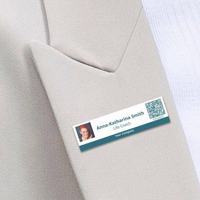 Berufliches Aquamarines QR-Code-Unternehmen Namensschild (Professional Teal White Image QR-code Company Name Tag)