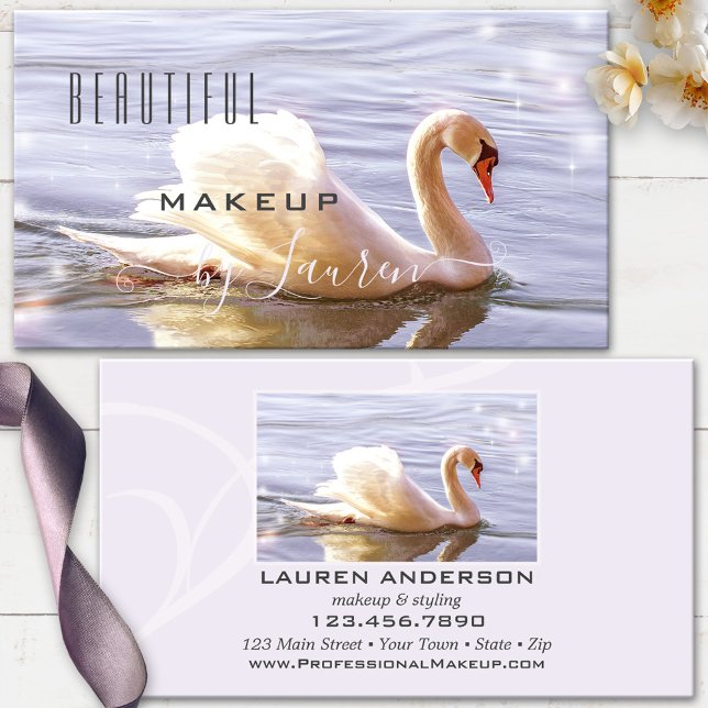 Berufliches Beauty Swan Makeup Foto Visitenkarte (Business card featuring a beautiful swan in sparkling water - beautician, makeup artist, stylist)