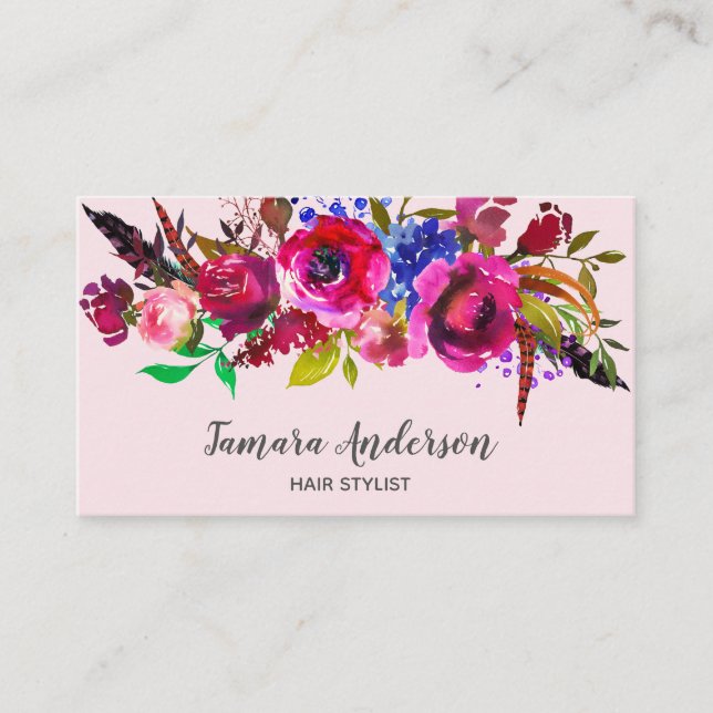 Berufliches Blumenhaar-Stylist-Burgunder-Rosa Visitenkarte (Vorderseite)