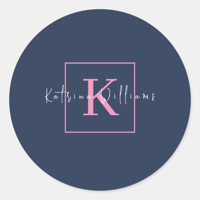 Berufliches Branding-Logo Navy Blue Pink Monogram Runder Aufkleber (Vorderseite)