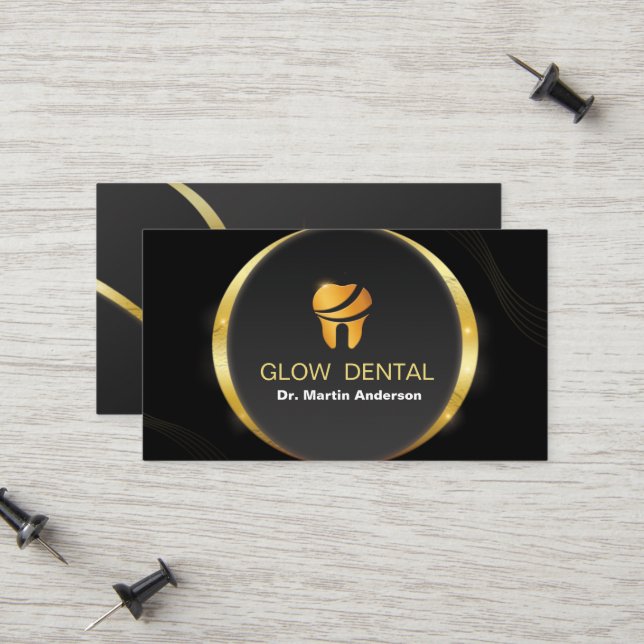 Berufliches Dental Clinic Gold Tooth Logo Telefonnummerkarte (Vorderseite/Rückseite Beispiel)