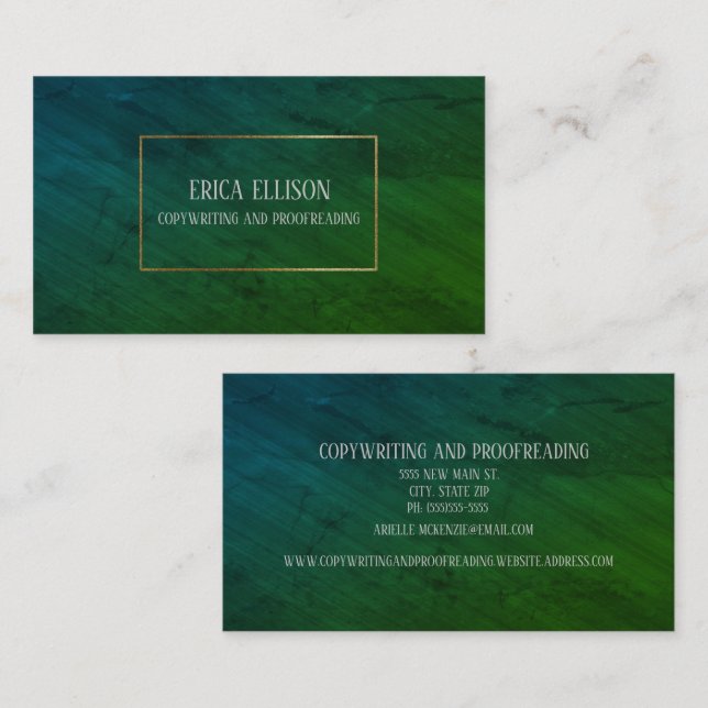 Berufliches elegantes Blue Green Gold-Copywriting Visitenkarte (Vorne/Hinten)