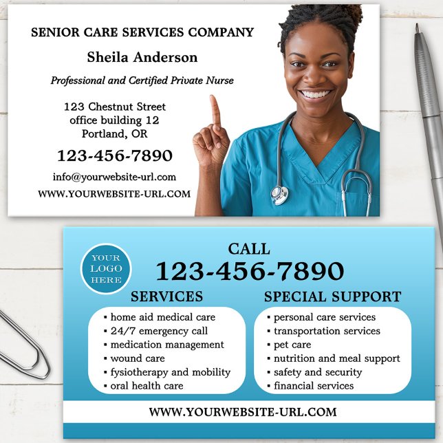Berufliches Foto für die Betreuung älterer Mensche Visitenkarte (Elderly medical home care nurse business card with custom photo and list of services)